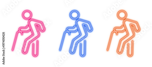 Neon glowing elderly person with cane vector icons set, senior citizen, old age, disability, walking aid, health, care, accessibility, vibrant digital design.
