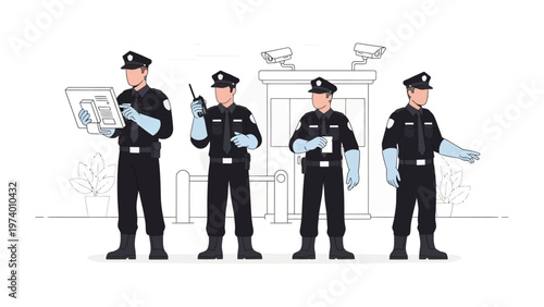 Vigilant Guardians: A team of security officers stand ready, embodying protection and vigilance. Each officer, equipped with essential tools, represents dedication to safety and order.