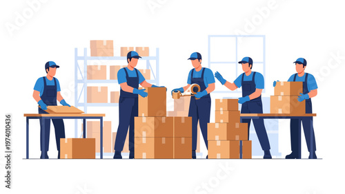 Logistics and teamwork in the warehouse: A team of skilled warehouse workers efficiently sorts and packs a large number of cardboard boxes for the shipping process.