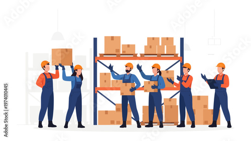 Warehouse Crew: A team of diligent workers collaborate in a bustling warehouse, carefully handling packages and organizing inventory, showcasing efficient teamwork and logistical prowess.
