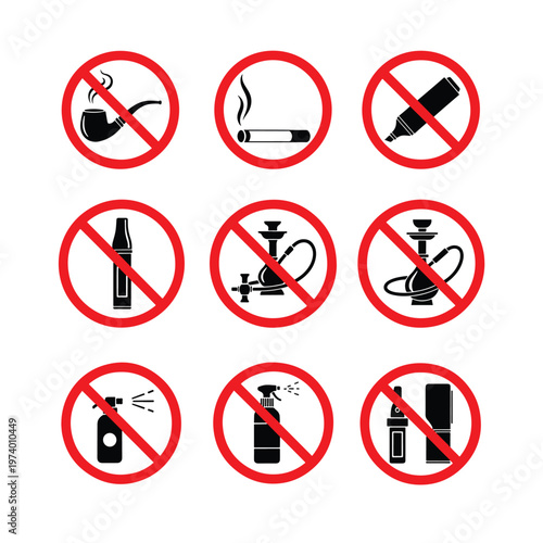 Free Download Universal vector prohibition signs: No smoking, no vaping, no solvents, no hookahs - GFXLoad