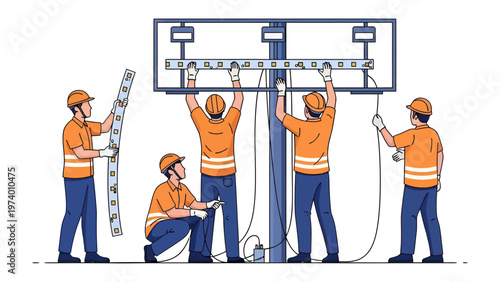Billboard Installation: A team of skilled workers meticulously installs a large billboard, their focused efforts reflecting the precision and teamwork required for effective advertising.