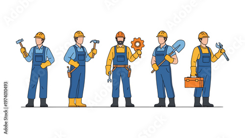 Construction Crew Lineup: A skilled construction crew stands ready, showcasing their essential tools and embodying the dedication and expertise required in the construction trades.