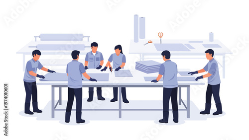 Factory Production: A skilled team collaborates seamlessly in a modern factory setting, meticulously crafting goods on an expansive production line, embodying precision and collaborative efficiency.