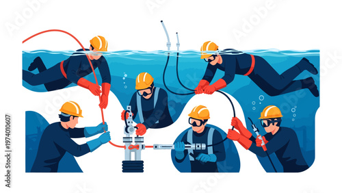 Underwater Teamwork: A team of professional divers meticulously work in the depths of the ocean. Their collaborative efforts bring a sense of safety and precision.
