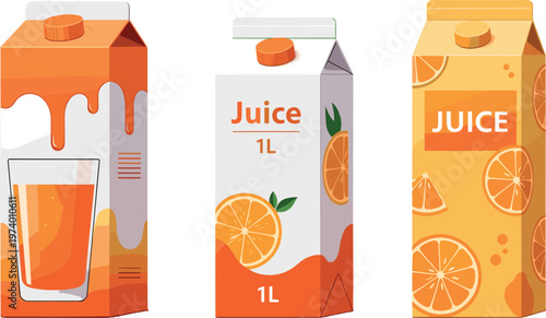 Orange Juice Carton Packaging Set with Modern Label Designs, Glass Drink Illustration, and Citrus Fruit Elements for Beverage Branding and Product Design