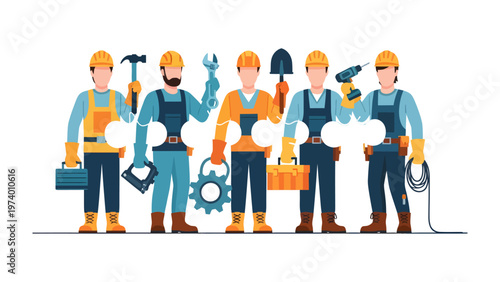 Team of Builders: Illustration of builders with different tools coming together, representing collaboration and teamwork.