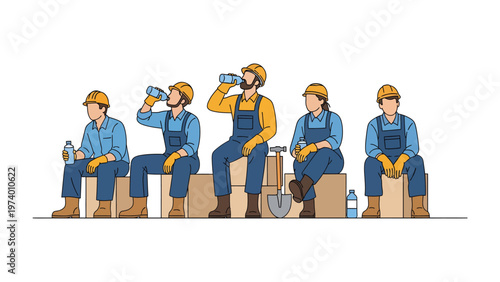 Construction Crew's Refreshment: A construction crew takes a well-deserved break, rehydrating with water bottles while seated on wooden boxes.