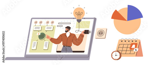 Business training, innovation strategies, project management, time management, virtual learning, data analytics. A professional presenting ideas on a laptop. Innovation strategies and project