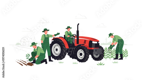 Farm Life: Farmers collaborate with a powerful red tractor to cultivate and plant a field, showcasing teamwork and agricultural industry.