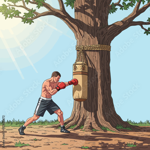 A muscular boxer training with a heavy punching bag attached to a tree.