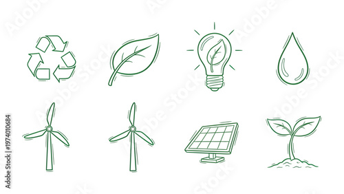 Eco-Friendly Icon Set: A collection of hand-drawn icons representing sustainable living and environmental awareness, including recycling symbol, leaf, light bulb, water drop, wind turbine.