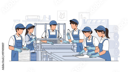 Modern Industry Workforce: A group of diligent factory workers collaborate and operate machinery in a modern industrial setting, representing precision and efficiency. 