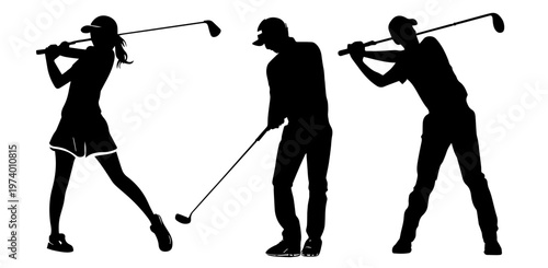 Silhouette of a golfer swinging a club on the course with caddy