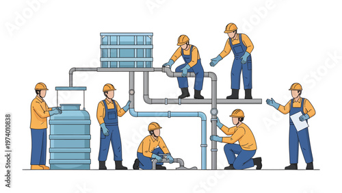 Water System Repair Team: Illustrative representation of skilled professionals diligently working on a complex water system, showcasing their expertise in repairing pipes, connections, and storage.
