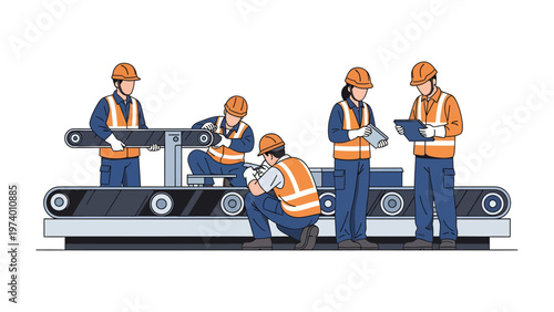 Production Line Inspection: A team of skilled workers meticulously inspects a production line, ensuring quality control and smooth operation. This image emphasizes precision, teamwork.