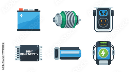 Flat Design Icons of Electric Vehicle Components and Energy Technology