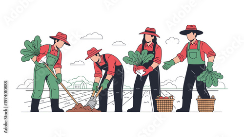 Agricultural Ensemble: A cohesive group of farmers, collaborating in a field, cultivates a rich harvest, embodying the essence of farm labor.