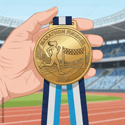 A person holding a golden marathon finisher medal.