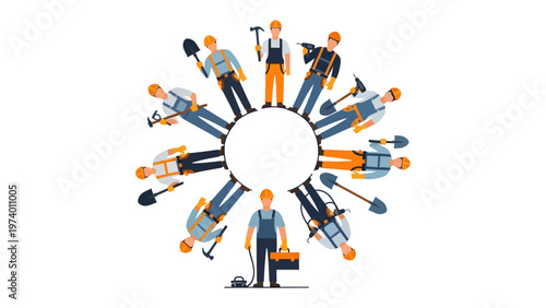 Construction Circle of Workers: A collective of diligent construction workers, each bearing their essential tools, encircles a central space.