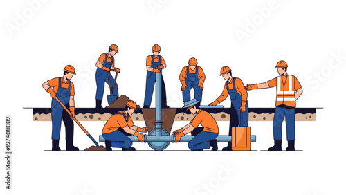 Construction Crew at Work: A coordinated construction crew meticulously works together, installing vital infrastructure components, symbolizing teamwork and progress.