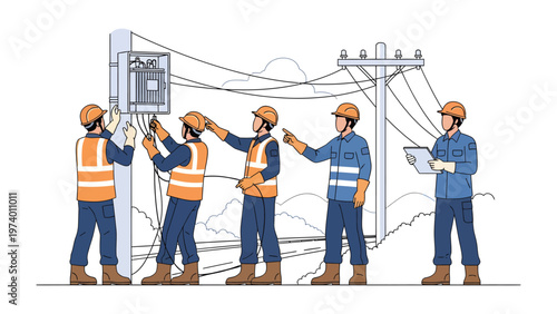 Electrical Team at Work: A team of skilled electricians meticulously works on an electrical pole, demonstrating precision and expertise in their profession. They're working towards their company goal