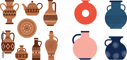 Traditional Ceramic Pottery Vase and Jug Collection with Ethnic Patterns Decorative Plates and Modern Minimal Shapes in Flat Vector Illustration Set