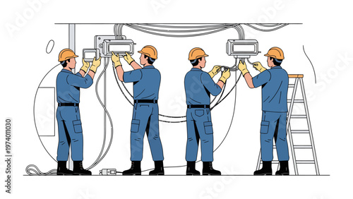 Electrical Engineers at Work: A team of skilled electrical engineers meticulously installs and wires electrical equipment, focusing on precision and safety within a modern facility.