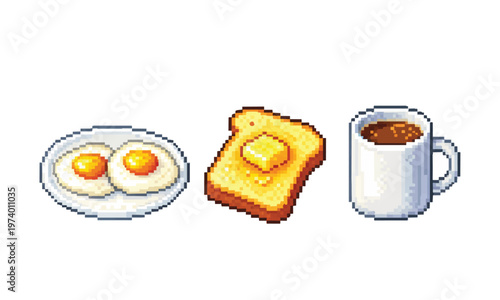 A delicious pixel art breakfast with eggs toast and coffee morning meal food on a white background.
