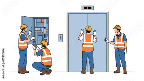Elevator Maintenance: A team of skilled technicians diligently inspects an elevator, symbolizing precision and expertise in the realm of building upkeep.