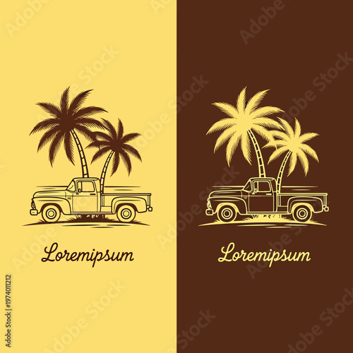 Tropical Road Trip: Vintage Pickup Truck by Palm Trees - Retro Summer Vector Illustration