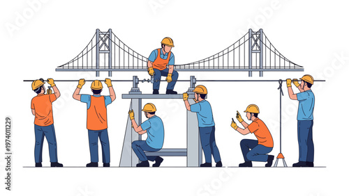 Bridge Construction: A team of dedicated engineers and construction workers collaborate on the construction of a majestic bridge, representing infrastructure. 