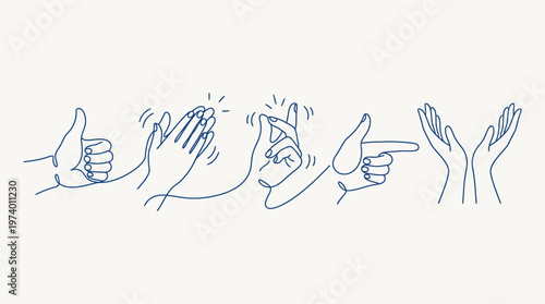 Vector simple blue linear illustration, hands and gestures, hand drawn illustration, poster, logo, print design template, business cooperation and teamwork concept volume 2