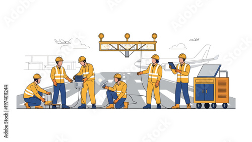 Airport Runway Maintenance: A group of diligent technicians meticulously examine and maintain airport runway systems, ensuring operational safety and smooth transit for aircraft