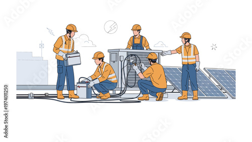 Solar Panel Technicians at Work: Skilled technicians in safety gear are diligently working on solar panels, symbolizing expertise in renewable energy and sustainable practices. 