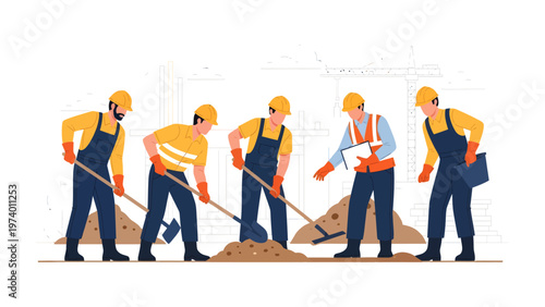 Team of Constructors at Work: A group of constructors in the midst of construction project, each diligently performing their designated task