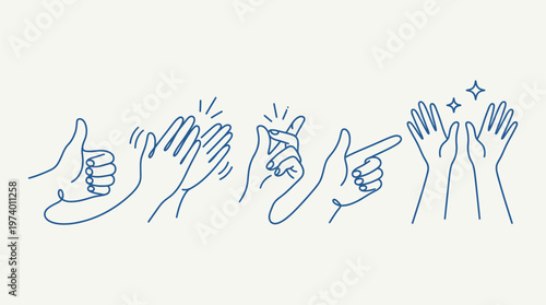 Vector simple blue linear illustration, hands and gestures, hand drawn illustration, poster, logo, print design template, business cooperation and teamwork concept volume 3