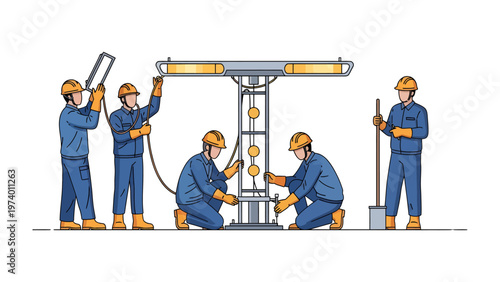 Construction Crew in Action: A dedicated team of construction workers meticulously collaborates to assemble essential equipment, embodying diligence and expertise in their work.