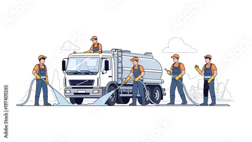 Cleaning Crew in Action: A dedicated team of workers in coordinated uniforms diligently cleans a large tanker truck, showcasing the essential services needed to keep community's environment clean.