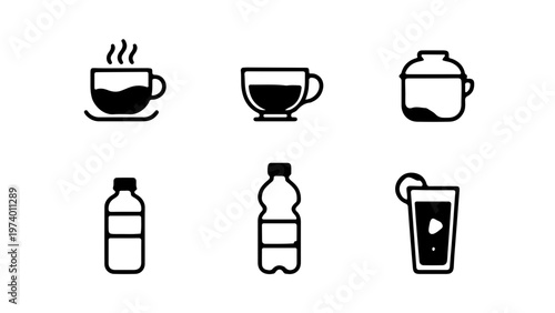 Vector illustration set of black drink icons featuring coffee cups, wine glasses, and alcohol cocktail symbols for restaurant and cafe web design