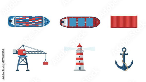 Flat Design Shipping & Maritime Icons Set: Container Ships, Port Crane, Lighthouse, Anchor & Cargo