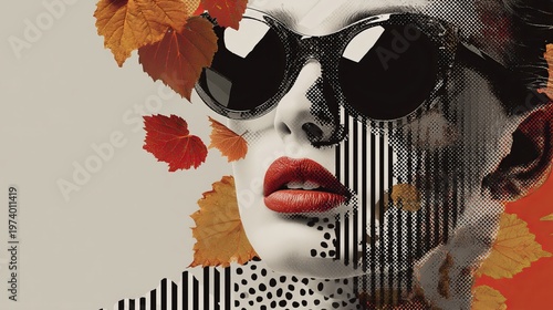 Artistic pop art portrait of a woman wearing sunglasses and red lipstick with falling autumn leaves, symbolizing the intersection of seasonal change and modern fashion elegance.