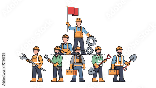 Construction Crew: An illustration depicting a dedicated construction crew, standing together, with their tools and equipment, symbolizes teamwork and skilled craftsmanship.