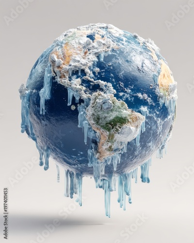 Surreal 3d rendering of planet earth with melting ice and dripping icicle, symbolizing the urgent global warming crisis and environmental fragility