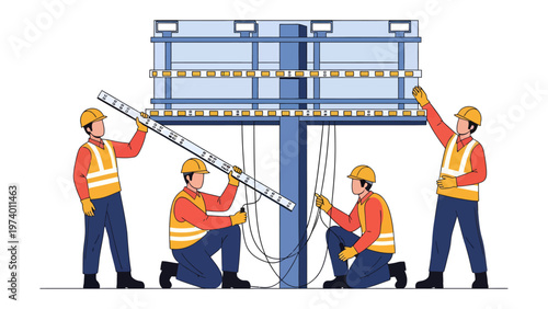 Billboard Construction: A team of construction workers is diligently installing a modern billboard, showcasing the blend of manpower and technological advancement in advertising.