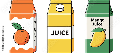 Juice Carton Packaging Set with Orange and Mango Flavor Designs Featuring Minimal Labels for Beverage Branding, Fresh Drink, and Product Illustration