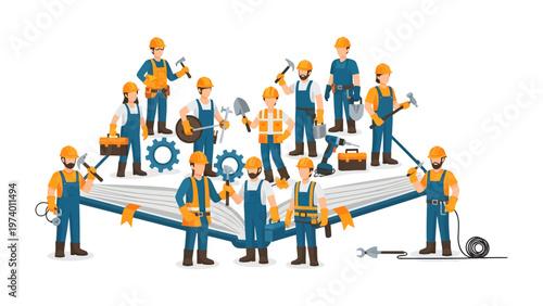 The Builders' Blueprint: A collective of industrious builders and skilled workers, united in a shared objective, standing over an open book that symbolizes education, expertise, and aspiration