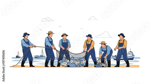 Catching Bounty: A dedicated crew collaborates to haul in a net teeming with marine life, exemplifying the age-old practice of fishing and its reliance on teamwork.