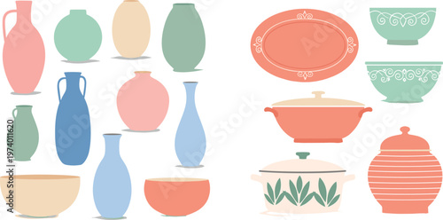 Minimalist Ceramic Pottery Collection with Modern Vases Bowls Plates and Kitchen Utensils in Soft Pastel Colors Flat Vector Illustration Set