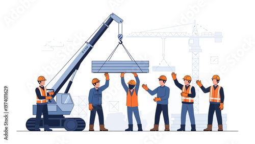 Construction Crew: Illustrating a construction team working diligently together, lifting heavy objects, while a crane hovers overhead in a display of engineering and teamwork.